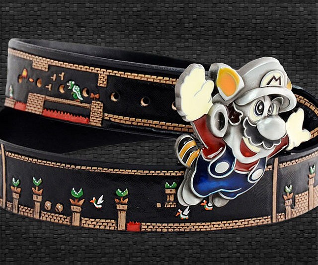 Leather belt with Super Mario buckle